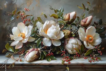 Elegant arrangement of magnolia and berries displayed on a marble surface in a soft, natural light setting