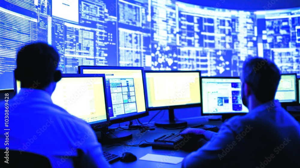 Poster two men working at computers in a blue-lit room