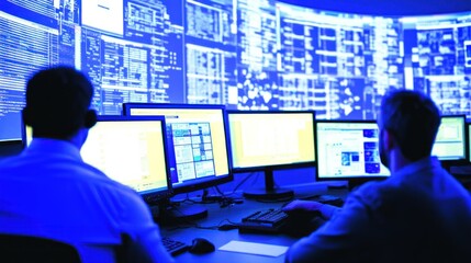 Obraz premium Two Men Working at Computers in a Blue-Lit Room