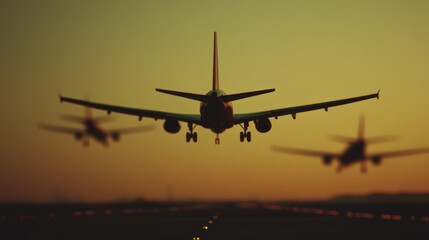 Jetliner flying through sunset