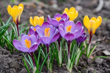 Obraz premium Purple and Yellow Flowers in Dirt