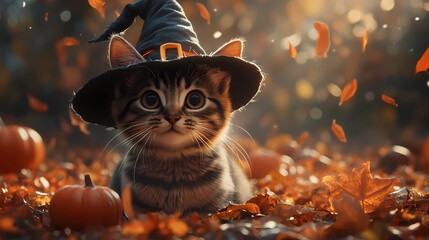 Kittens and cats wearing witch hats on Halloween