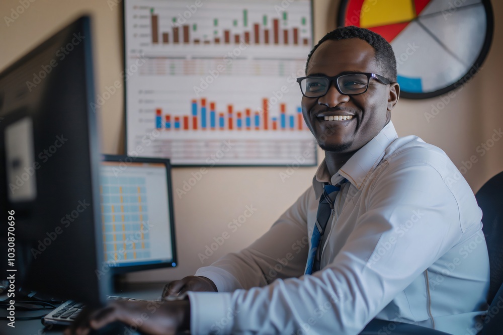 Poster namibian banker is smiling while working at his desk on a computer with spreadsheets open on the mon