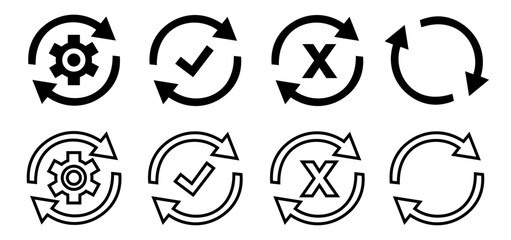 Circle arrow icon set. Symbol of reload, refresh, loading, recycle and repeat. Interconnecting round arrow vector icons set. Work in progress sign. One, two, three, four, five, six arrow in the loop.