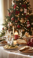 Naklejka premium A beautifully decorated Christmas table with a festive centerpiece, featuring a large candle and a variety of holiday-themed decor.