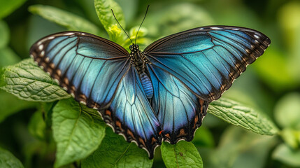 Blue Morpho Butterfly on Green Leaves   Close Up  Macro  Nature  Insect  Wildlife