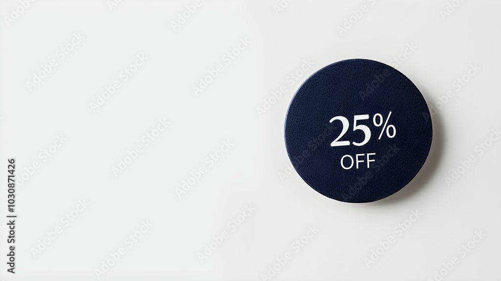 Wall mural white '25% off' text on a navy blue round paper note. white background with copy space