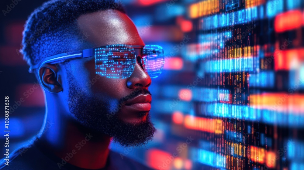 Aufkleber Man with Digital Glasses Looking at a Binary Code Wall