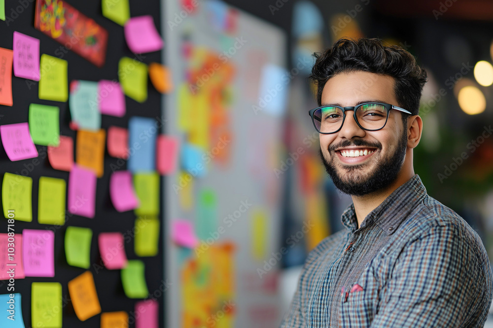 Wall mural smiling man, wearing glasses, standing in front of the board with reminder notes