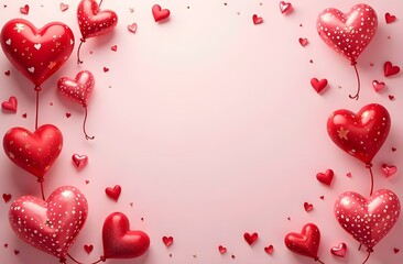 A Valentine's Day greeting card with red balloons in a shape of heart on pink background with copy space.