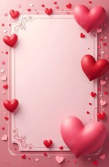 A Valentine's Day greeting card with red balloons in a shape of heart on pink background with copy space.