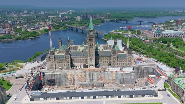 Ottawa, Ontario, Canada. October 15, 2024: Aerial view of the Canadian Parliament undergoing renovations in Ottawa, Canada