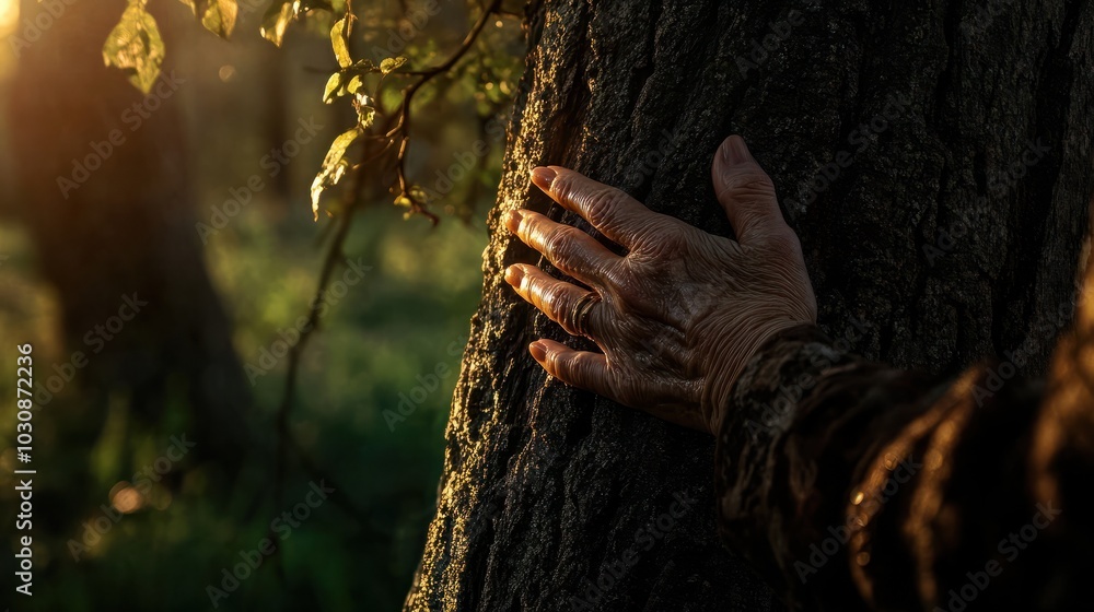 Wall mural elderly woman hands touching tree trunk in the forest at sunset