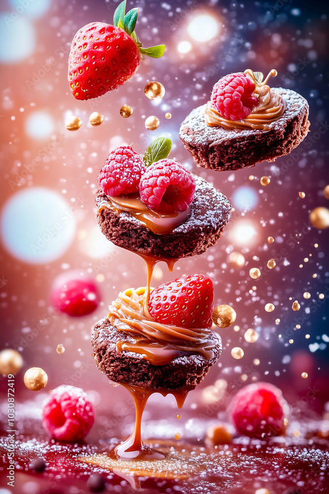 Poster layers of rich chocolate cookies topped with caramel and adorned with fresh strawberries and raspber