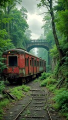 Fototapeta premium Abandoned red train car on overgrown tracks beneath a rustic bridge in a forest