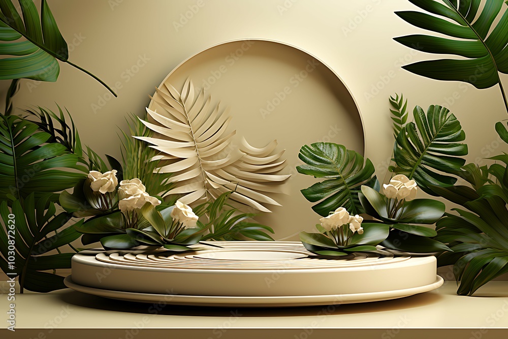 Poster 3d render of podium for product display with monstera leaves and gold circle on golden background