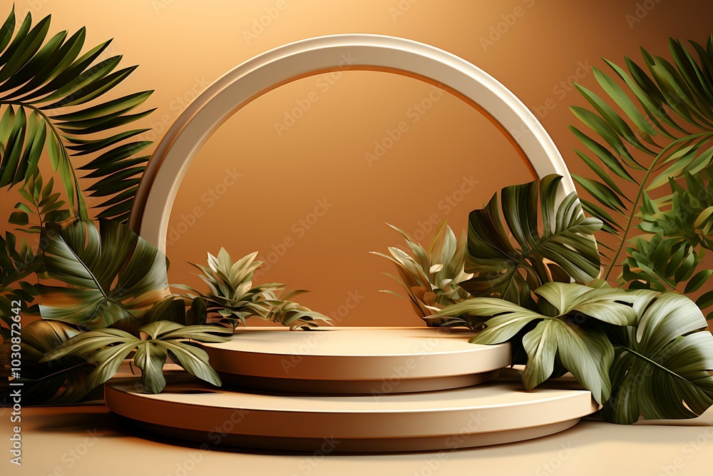 Poster abstract minimal scene with golden podium, palm leaves and round stage for product presentation