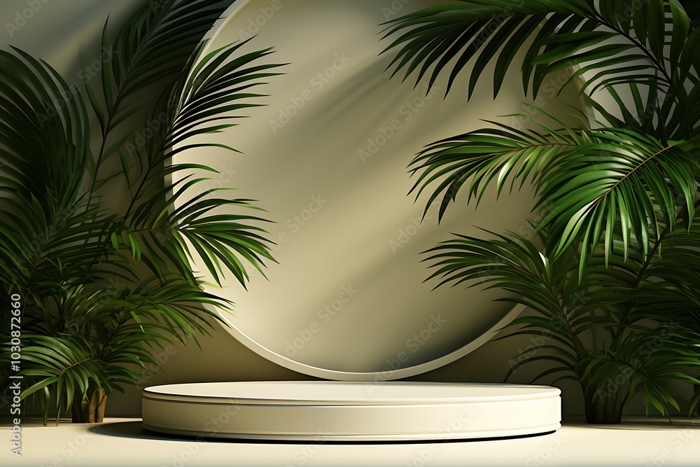 Poster 3d render of white round podium with leaves for product display in modern room