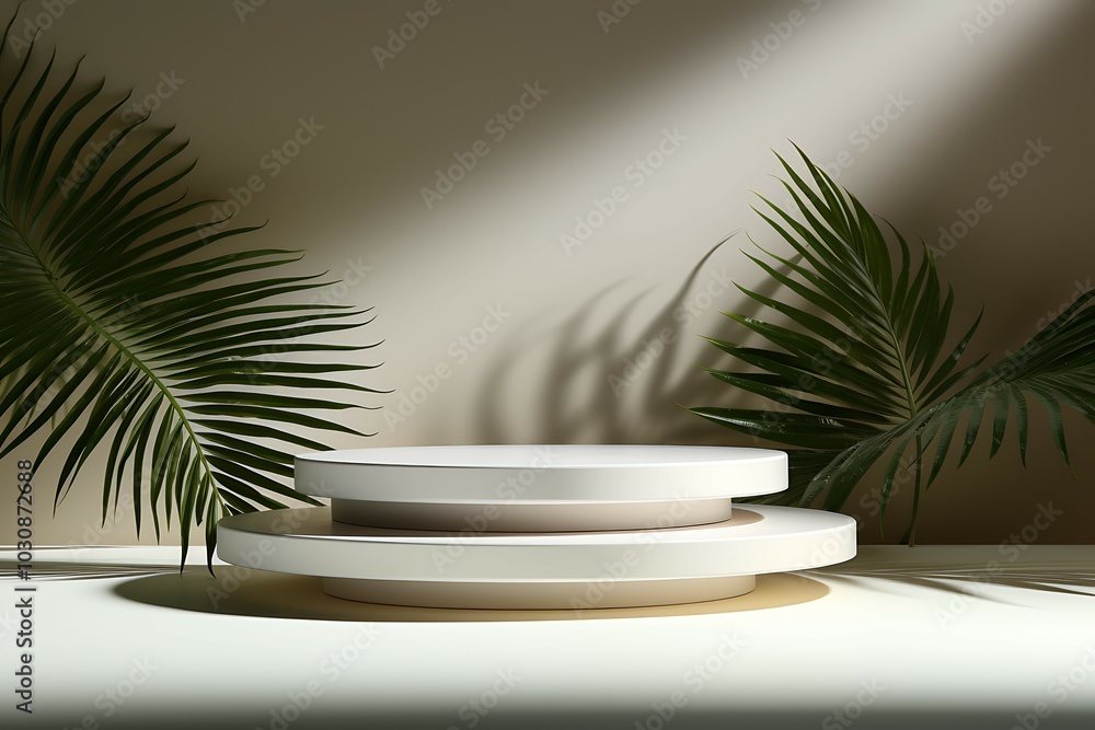 Poster 3d render of white round podium with leaves for product display in modern room