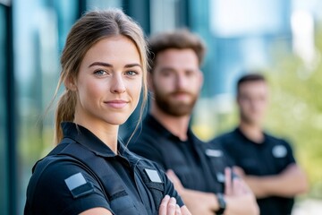 A confident team of three professionals poses outdoors in a contemporary urban setting during daylight hours