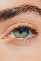 Fototapeta premium Close-up of blue-green eye, eyebrow and light skin, highlighting skin care around the eyes, brow care, hydration, and natural beauty concepts
