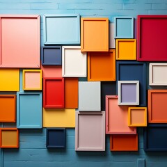 Colorful frames on blue brick wall background. 3D Rendering