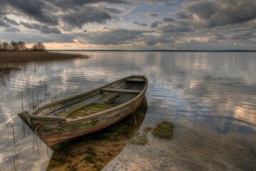 Fototapeta premium Small boat on calm lake
