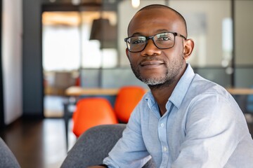 Fototapeta premium Portrait of a confident businessman wearing eyeglasses and a blue shirt, sitting in a modern office environment