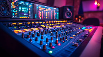 A close-up of a digital audio mixing console with vibrant controls.