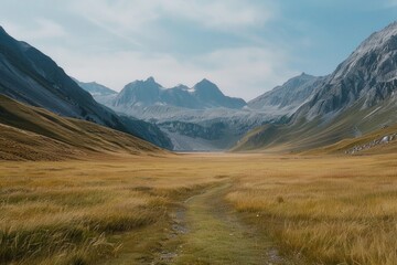 Obraz premium Grassy Field with Mountains