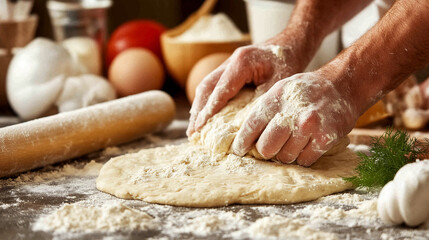 Fototapeta premium Hands are kneading dough on a flour-dusted surface. Nearby, eggs, a rolling pin, greens, and other ingredients are visible, suggesting food preparation