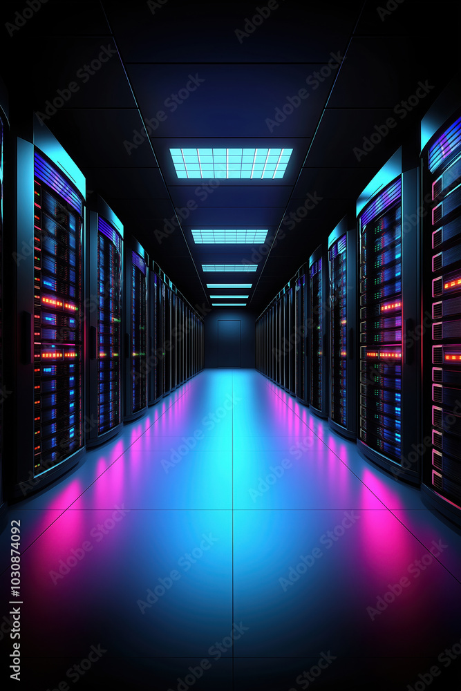 Poster illuminated server room with colorful lighting and rows of data storage equipment