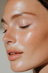 Close-up of fresh, healthy facial skin of a young woman without makeup, eyes closed, conveying calmness while emphasizing skin care, sun protection, eye care, and natural beauty concepts