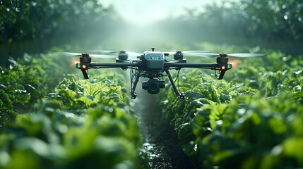 Drone flying over a field of crops, showcasing agricultural technology.