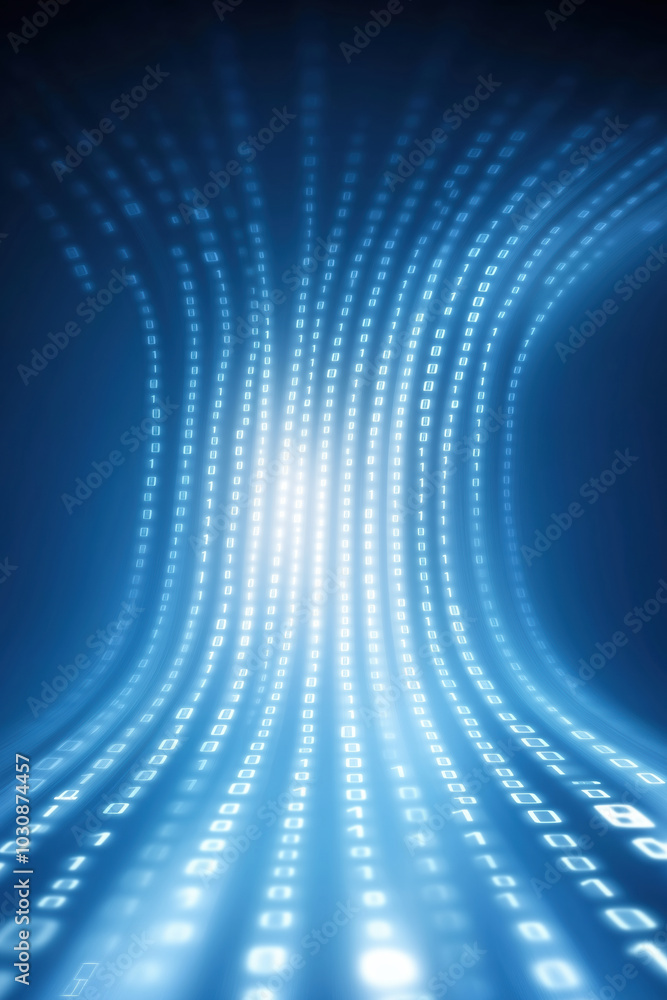 Poster glowing binary digits create a flowing digital pattern in a deep blue environment