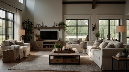Fototapeta premium A spacious living room with large windows, a fireplace, a large sectional sofa, a coffee table, and an area rug.