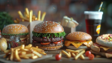 Juicy Cheeseburgers with French Fries and Soda - Fast Food Feast