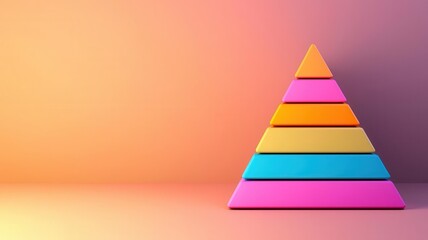 Conceptual pyramid diagram with glowing layers representing different strategic elements Vision, Goals, Strategy, and Tactics, 3D illustration