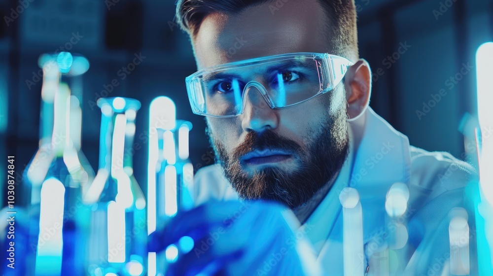 Aufkleber a close-up of a scientist in a lab working with beakers