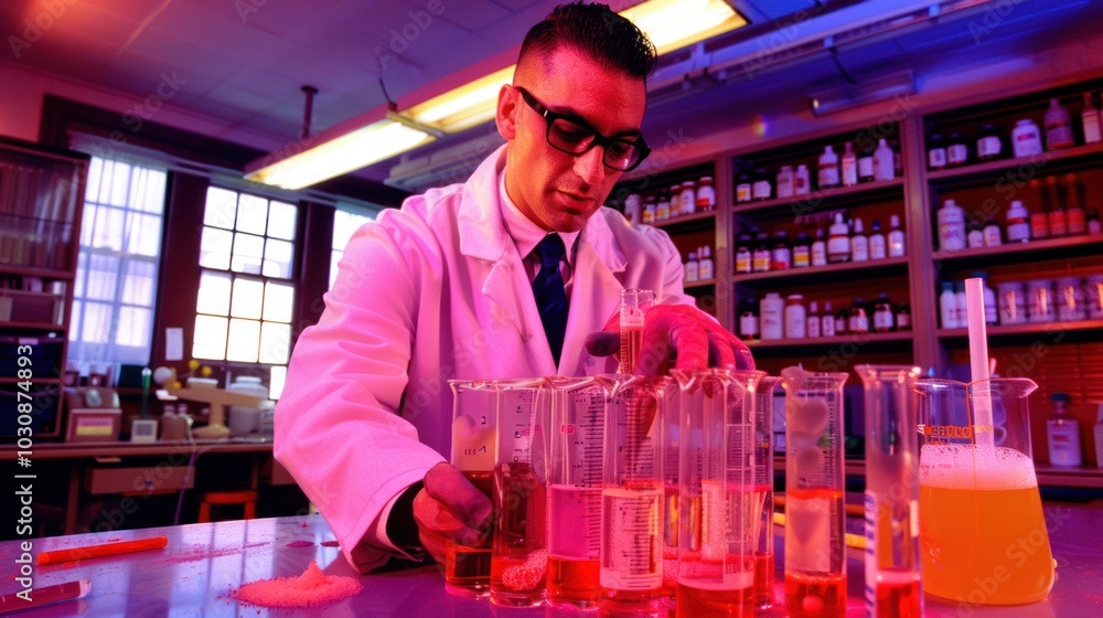 Aufkleber a scientist in a lab coat conducting an experiment with test tubes and a beaker