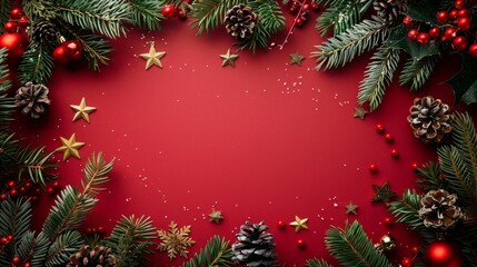Festive holiday decoration featuring evergreen branches, pine cones, and ornaments on a vibrant red background