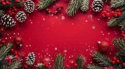 Festive holiday decorations featuring pine branches, berries, and ornaments on a vibrant red background