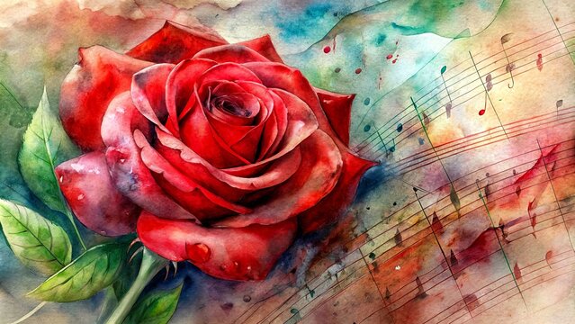 Beautiful watercolor painting of a red rose with musical notes in the background