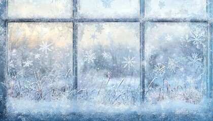 Seamless pattern: Frosted window pane displaying a serene winter landscape with delicate snowflakes and icicles