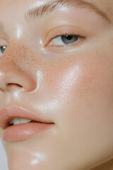 Fototapeta premium Close-up of fresh, healthy light skin of a young woman without makeup emphasizing skin care, hydration, sun protection, eye care, and natural beauty concepts