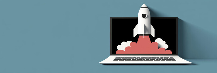 White rocket launching from laptop screen.