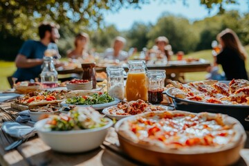 A vibrant outdoor feast showcases delicious pizzas, fresh salads, and refreshing drinks. Friends gather in a sunny park for a joyful meal. Generative AI
