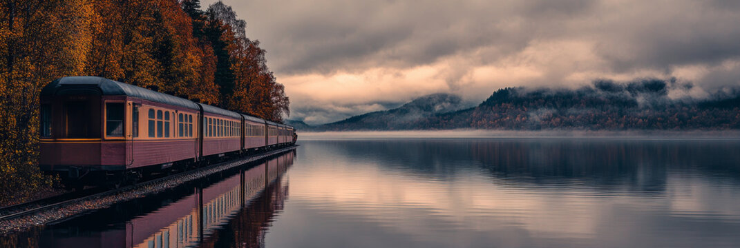 A train sits by a still lake with fog rolling in over mountains in the distance.