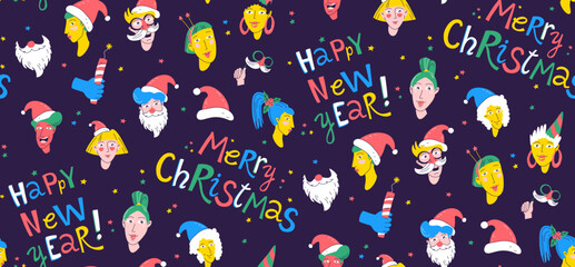 Festive Holiday Seamless pattern background Bright, colorful set of cheerful Christmas and New Year greetings