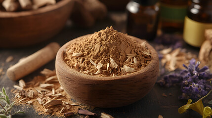 Close-up of Sandalwood Powder Surrounded by Natural Herbs and Oils Highlighting Remedial Properties